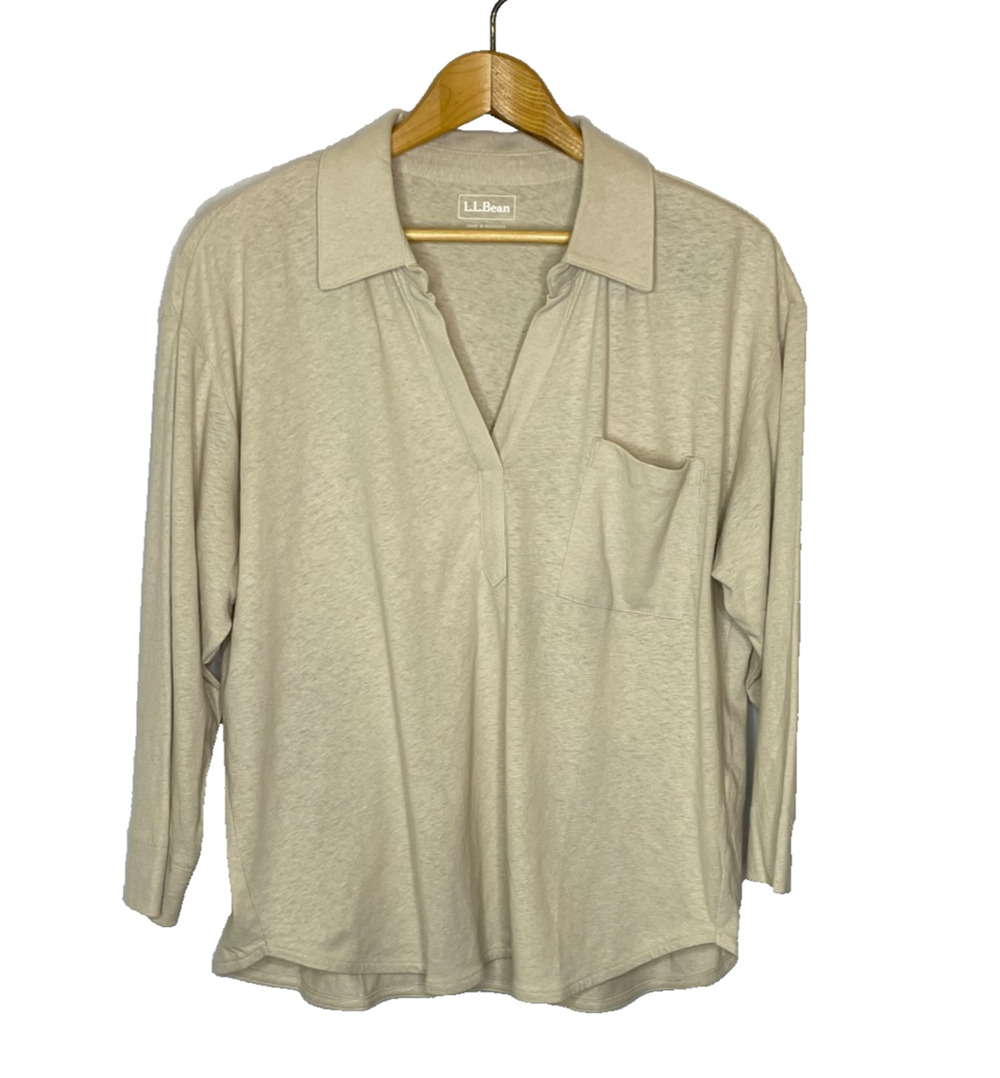 Women's Large L.L.Bean Cotton Split Neck Tan Linen Blend Shirt NEW